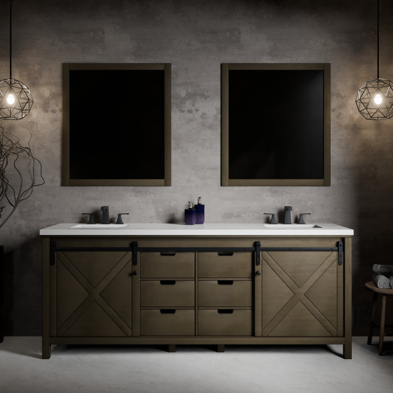 Ensemble de meuble-lavabo double l 84 po x P 22 po et miroirs 34 po Marsyas, Brun rustique, Quartz blanc