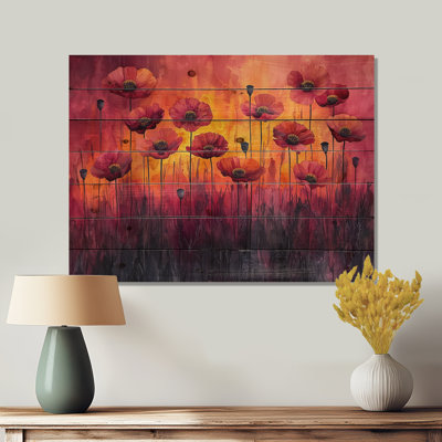 Autumn Dance Of The Fiery Poppies I - Poppies Wood Print - On Natural Pine Wood