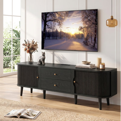 70" Mid-Century Modern TV Stand with Power Outlet, Storage Drawers & Tambour Doors, Wood Entertainment Center Media Console Fits Up to 75 Inch TVs