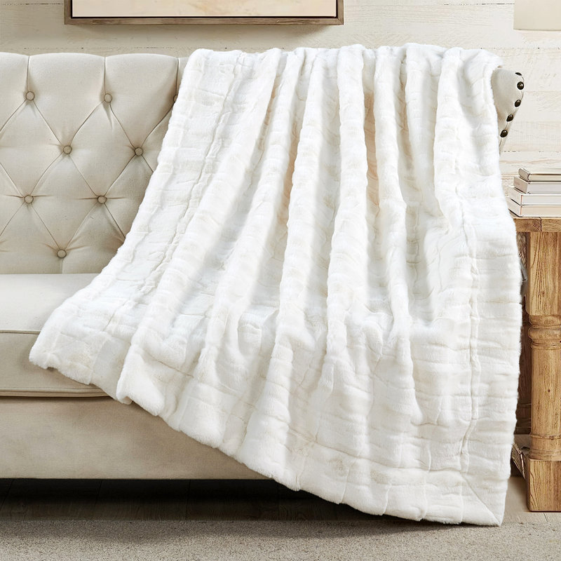 Jeté élégant en fausse fourrure, Blanc / Blanc, L 60 po x L 70 po