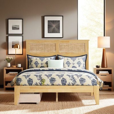 Full Size Bed with Vintage Rattan Headboard & 2 Underbed Storage Drawers