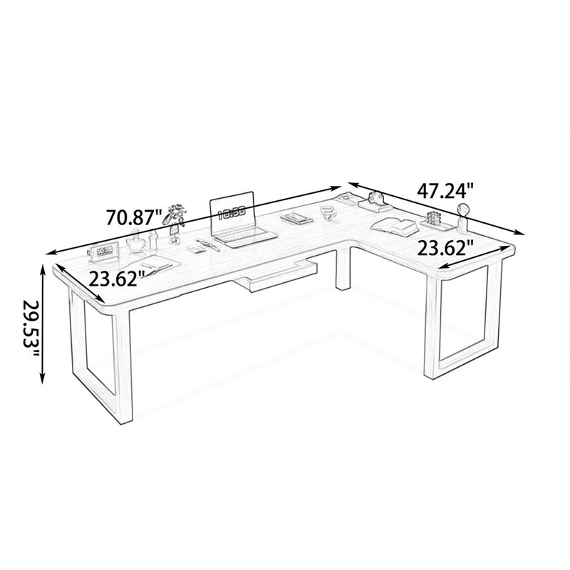 Bureau rectangulaire en L en bois massif, Retour à droite, 29.53" H x 70.87" W x 47.24" D