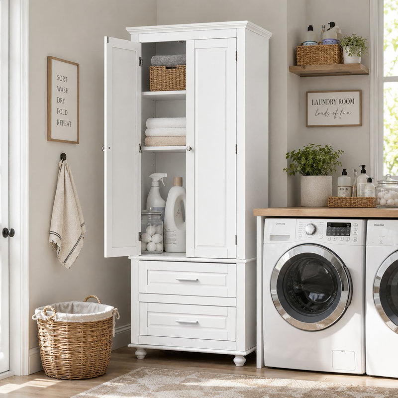 Armoire de salle de bain sur pied avec tiroirs, tablette réglable, poignées en métal