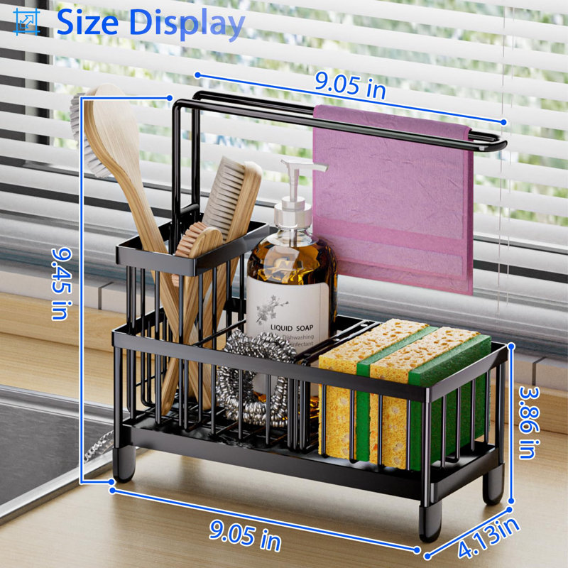 Black Metal Kitchen Sink Caddy | Sturdy Sponge Storage With Automatic Drainage