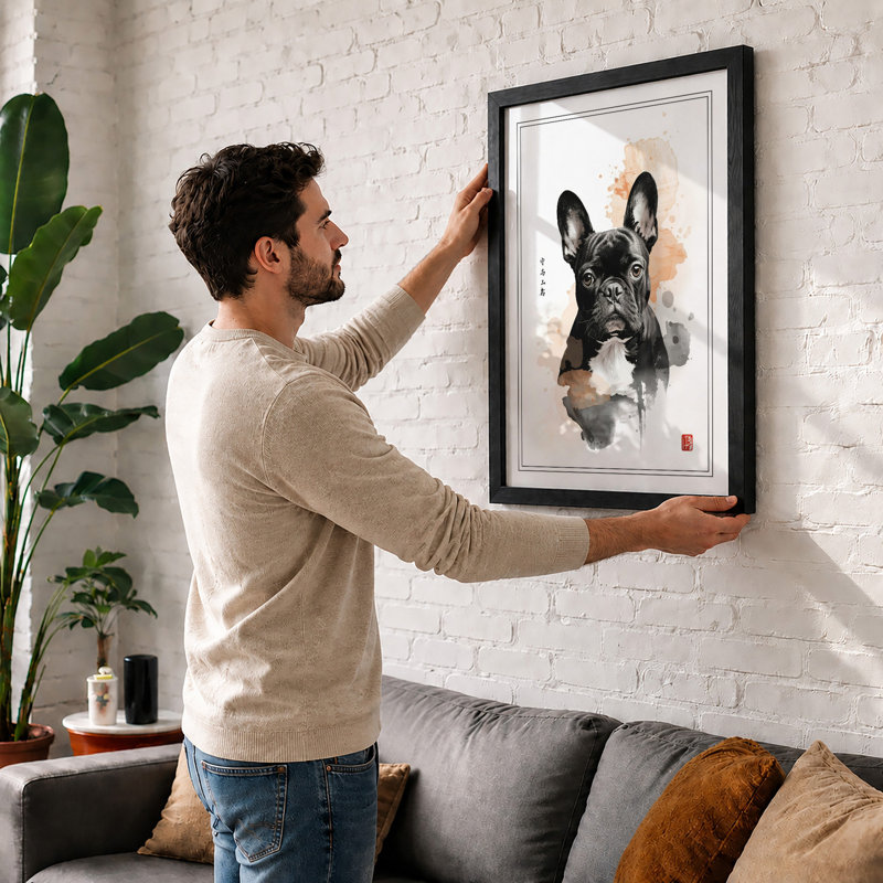 French Bulldog in Ink Japandi - Framed Print, A1 - 84.1 x 59.4 cm, Black