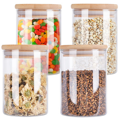 Ensemble de 4 pots de rangement en verre avec couvercle en bambou hermétique, contenants de cuisine en verre de 27 oz, contenant transparent