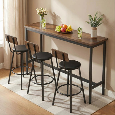 Bar Table and Chairs Set for 3, 4 Piece Industrial Dining Table Set with 3 PU Upholstered Bar Stools, Bar Table Set for Kitchen, Dining Room, Living Room, Bar, Cafe, Small Space Corner, Rustic Brown