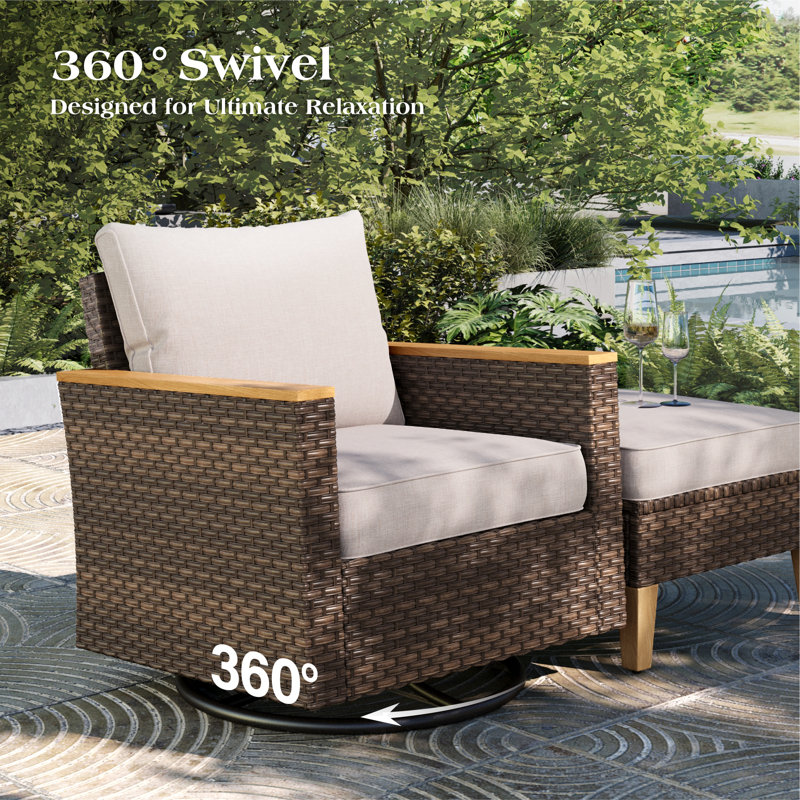 Argyri Outdoor Wicker Patio Conversation Furniture Set With Swivel Chairs And Firepit Table, No