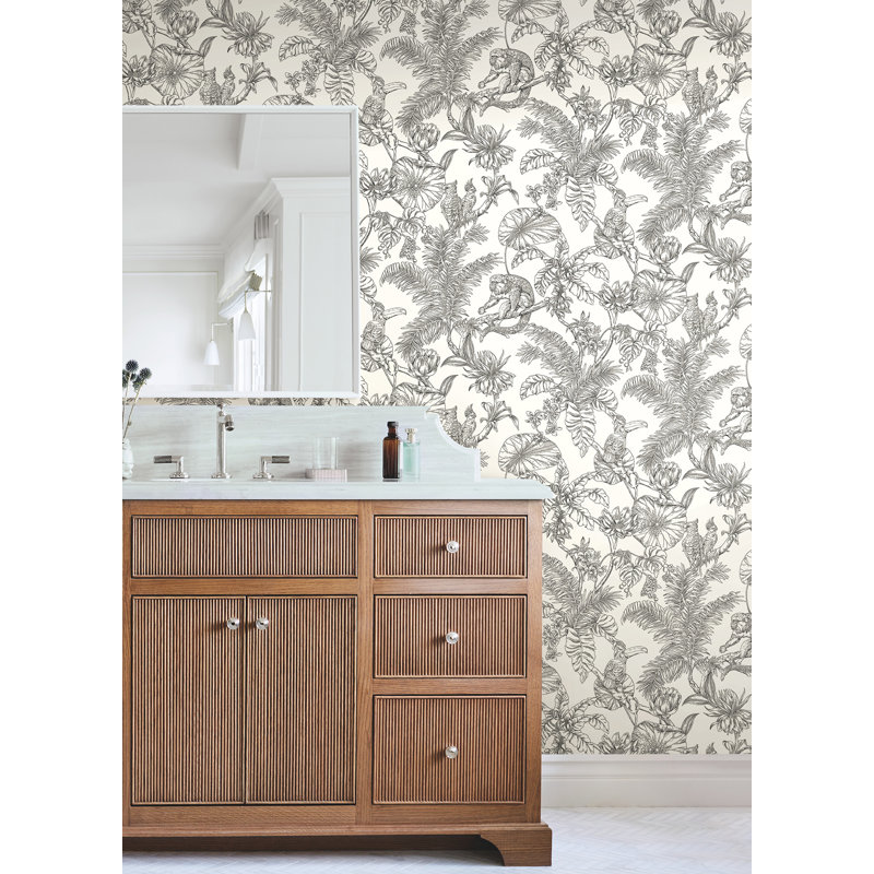 Tropical Sketch Toile Vinyl Wallpaper Roll, Black