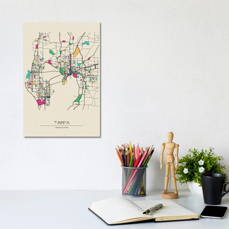 Tampa, Florida Map by Ayse Deniz Akerman - Wrapped Canvas Print, 20.32 cm H x 30.48 cm W