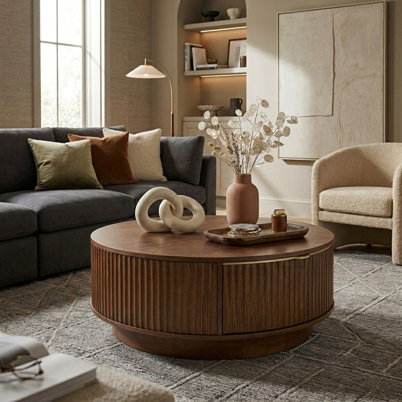 Table basse ronde avec rangement, table centrale cannelée, 2 tiroirs avec poignées dorées, maison de campagne moderne, salon