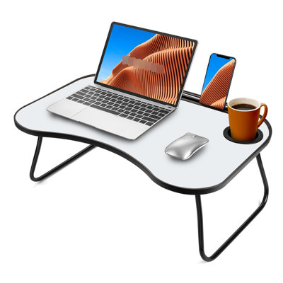 Foldable Gray+white Matte Laptop Desk Made Of Metal & Wood, Smooth Surface With Cup Groove, Good For Adults To Work And Do Homework In Different Places Like Bed, Couch, Backyard Car Trips Matte, Wood