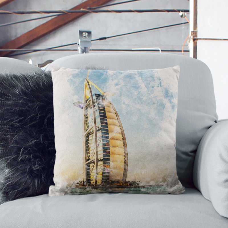 The Burj Al Arab In Dubai Vol.1 Watercolour Square Throw Cushion, 40cm H x 40cm W x 15cm D, Stone