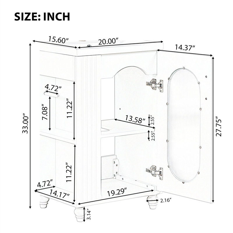 Meuble-lavabo de 20 po de largeur avec tablette ouverte, porte-papier hygiénique et tablette intérieure réglable