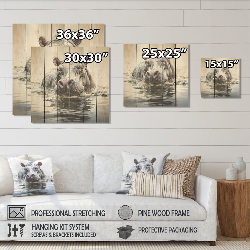 Gris majestueux hippopotame élégant III - Hippopotame sur bois, H 30 po x l 30 po