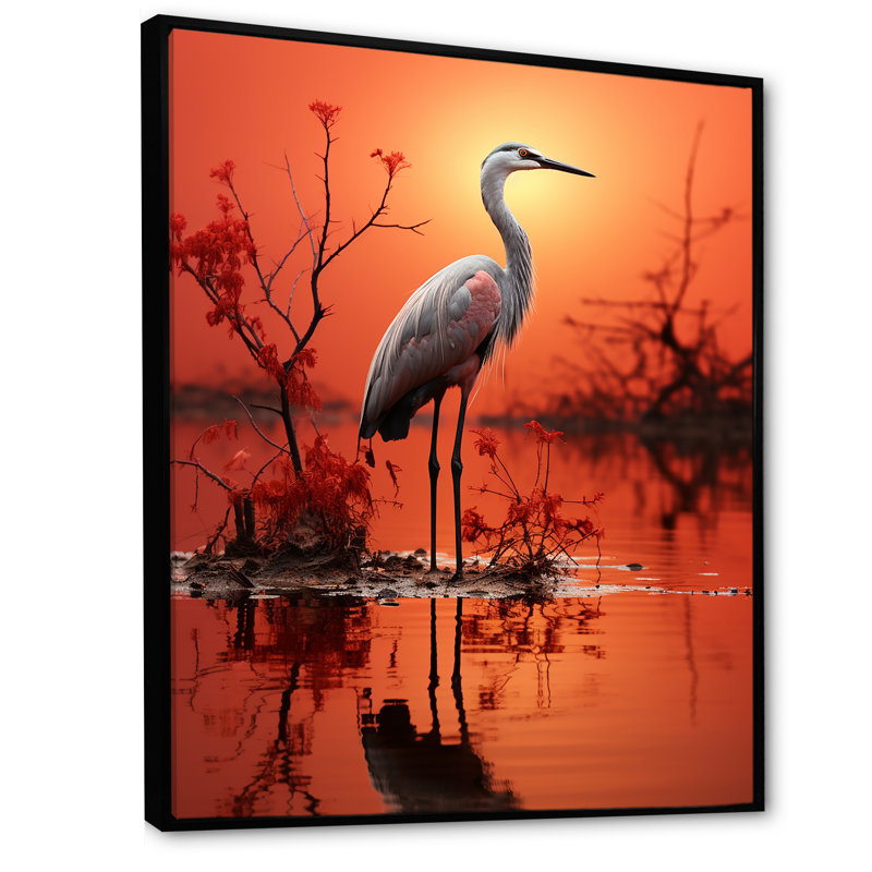 Flamant blanc élégant sur toile, Cadre flottant noir, H 40 po x l 30 po x P 1,5 po