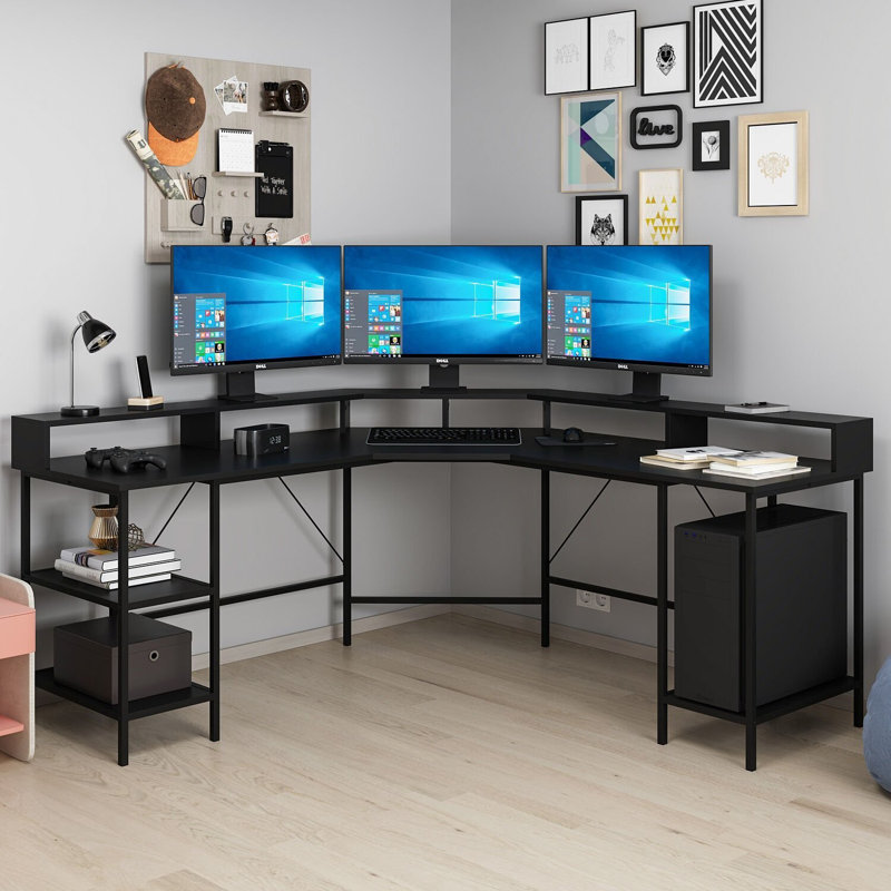 Bureau d'étude moderne noir, 71,0 po x 35,4 po x 23,6 po | 100% panneau de particules enduit de mélamine, épaisseur: 0,7 pouce | Design industriel élégant, parfait pour les bureaux à domicile et les espaces d'étude, durable et élégant