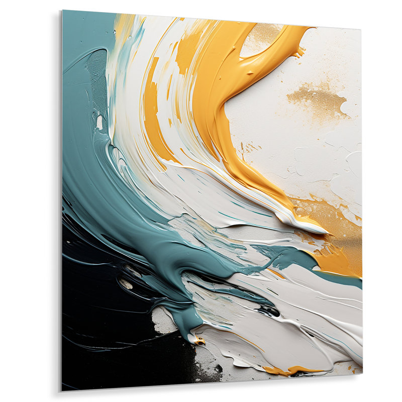 Éclaboussure jaune et une touche de bleu - art mural salon Vagues, Métal métal, H 20 po x l 12 po