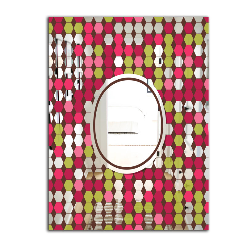 Hexagones roses et vertes - Miroir Mid-Century - Miroir mural, H 24 po x l 32 po x P 0,24 po