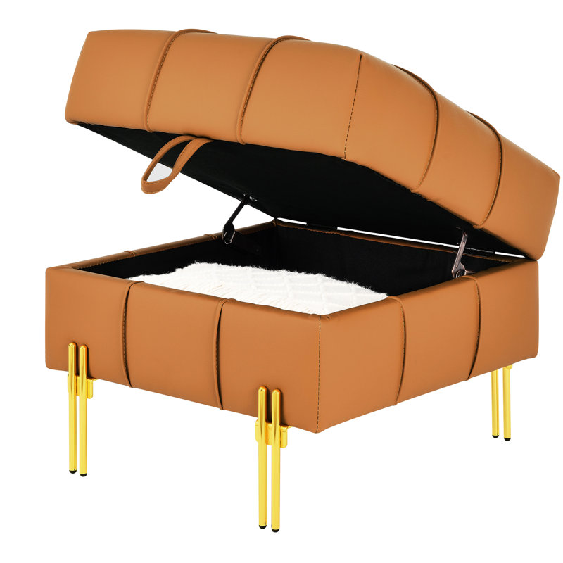 Banc de vestibule orange en cuir pour animaux de compagnie avec pieds en acier inoxydable doré et surface de rangement spacieuse de 22 po