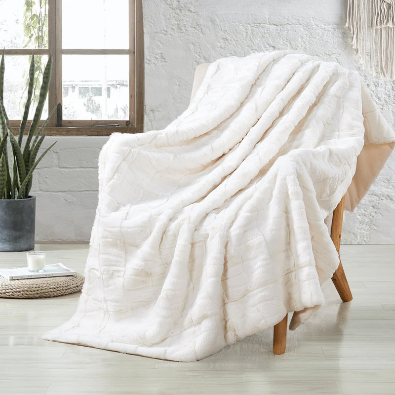 Jeté élégant en fausse fourrure, Blanc / Blanc, L 60 po x L 70 po