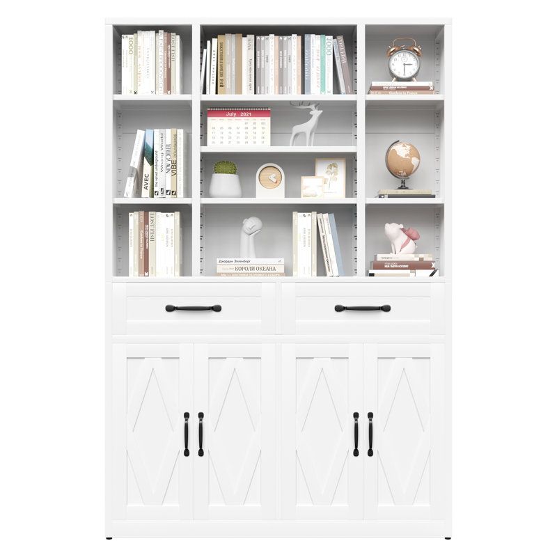 Bibliothèque de 71 po de hauteur avec portes et tiroirs, armoire de rangement large en métal avec tablettes réglables, blanc