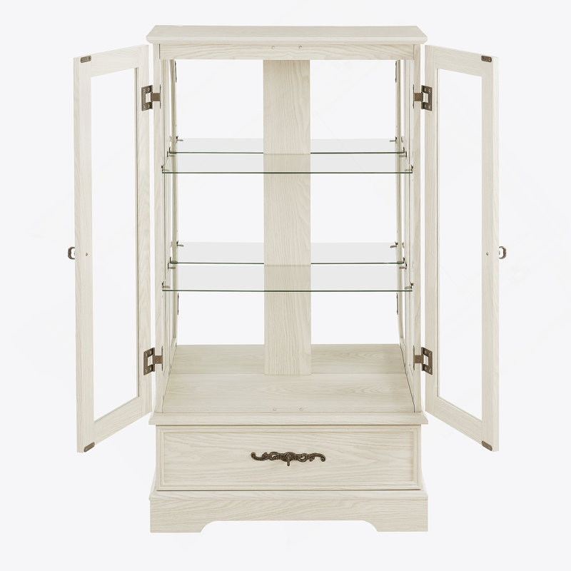 Armoire en verre avec tablettes réglables, 2 portes et tiroir pour une présentation et un rangement élégants, Blanc