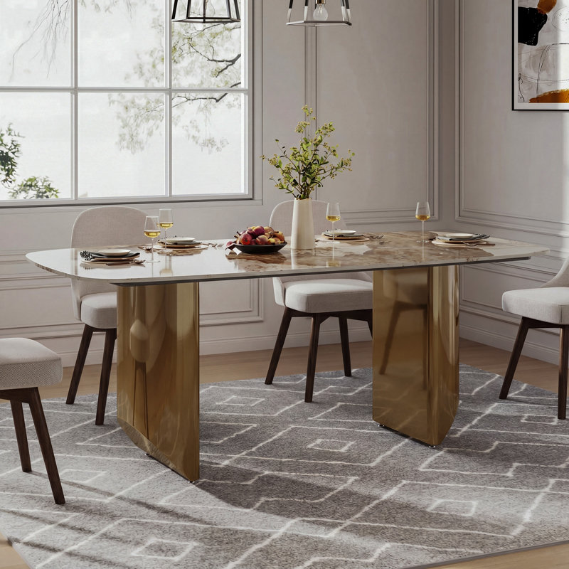 Wakenda 70.9" Modern Rectangular Sintered Stone Dining Table With Stainless Steel Base, Gold, 35.4'' W x 70.9'' L