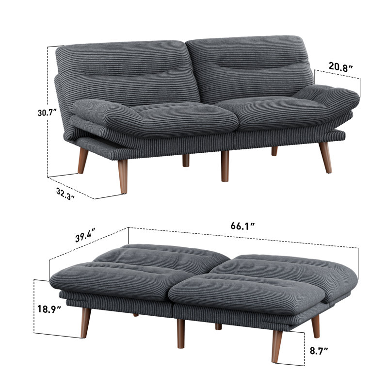 66”Convertible Futon Sofa Bed with Adjustable Backrest and 5-Level Armrests, Corduroy Futon Couch ,Sleeper Sofa Loveseat for Small Spaces, Apartment or Office,Gray