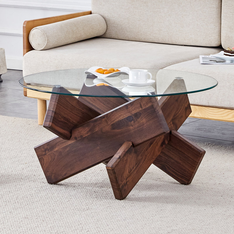 Round Coffee Tables with Tempered Glass Top Center Table, Walnut