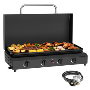 SKOK 4-Burner Portable Flat Top Gas Griddle with Hood, 60,000 BTU Outdoor Propane Griddle Station, 426 Sq. In. Cooking Surface for BBQ, Camping, Tailgating