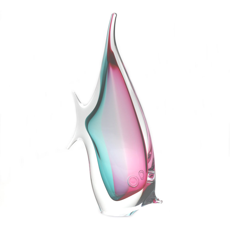 Murano Glass Design Tropical Fish, 10" H x 7" W x 2.5" D, Aqua/Ruby