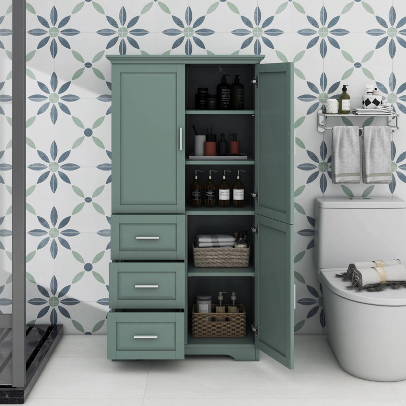 Tall And Wide Storage Cabinet With Doors, Three Drawers, Gray