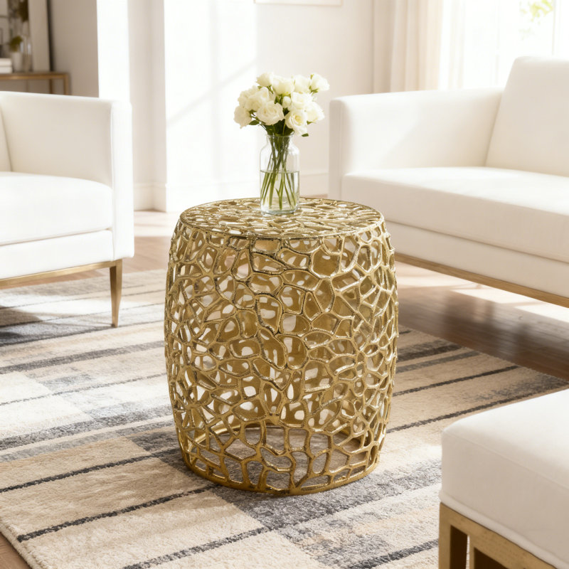 Table de bout cylindrique en aluminium avec motif complexe - doré, Doré
