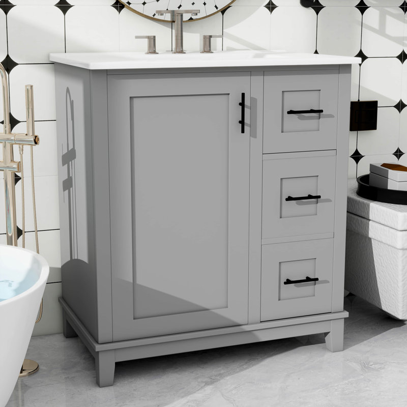 Meuble-lavabo de 30 pouces avec lavabo en céramique, une porte et deux supports de rangement, Gris