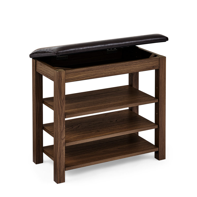 Comfortable Height-Adjustable Stool, Brown Rubberwood, Leather, Storage Space And Practical Bench, Adjustable Height, Three Layers Of Ventilation