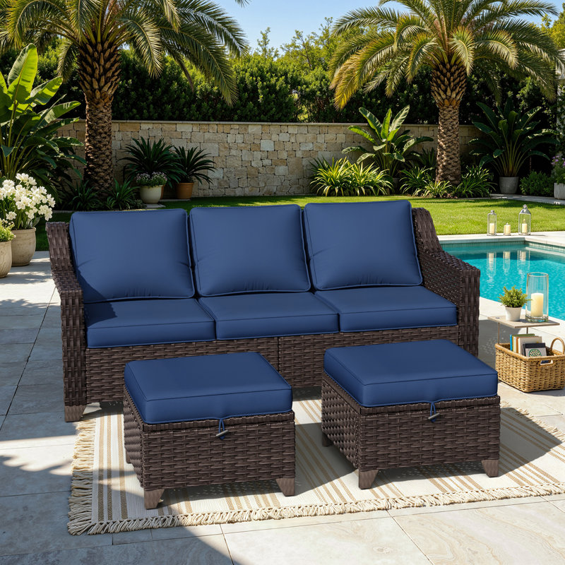 77'' Wide Wicker Outdoor Patio Sofa, Blue
