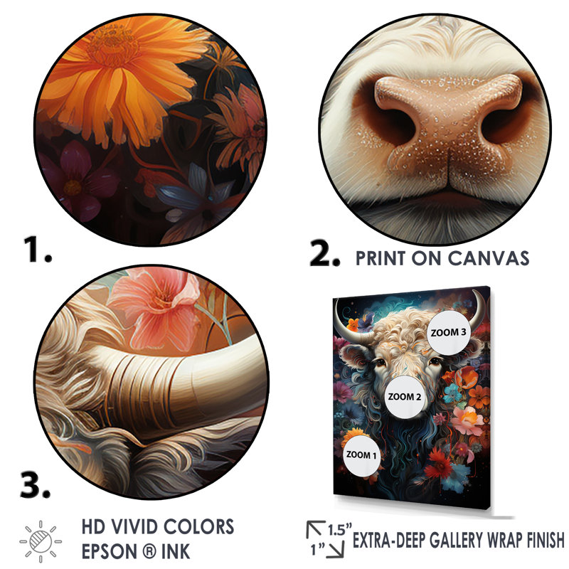 Yak Cosmic Highlanders II sur impression sur toile, H 40 po x l 30 po x P 1,5 po, Cadre flottant doré