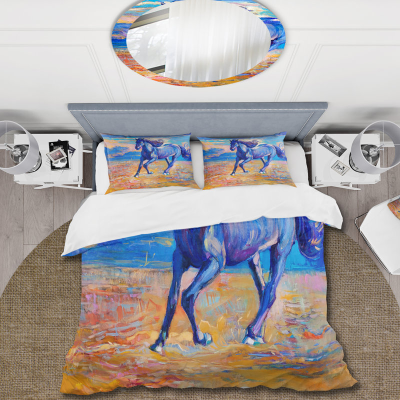 Cheval bleu qui galope au-dessus de la prairie - Ensemble de housse de couette Farmhouse - Microfibre de polyester