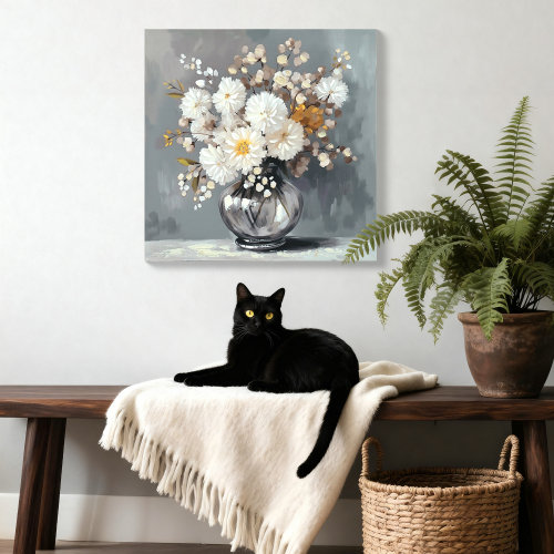 24 po x 24 po, art mural encadré de chrysanthème blanc, décor floral rétro maison de campagne