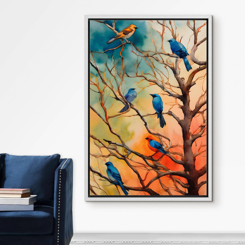 «Vibrant Watercolor Birds On Branches Whimsical Tree With Colorful Birds Modern Art» sur, Blanc, H 36 po x l 24 po