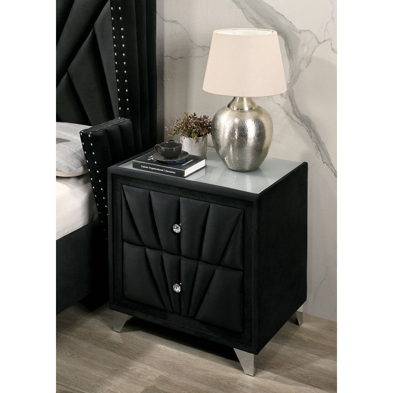 Superbe table de chevet en tissu entièrement rembourrée avec table de chevet et pieds chromés, Gris