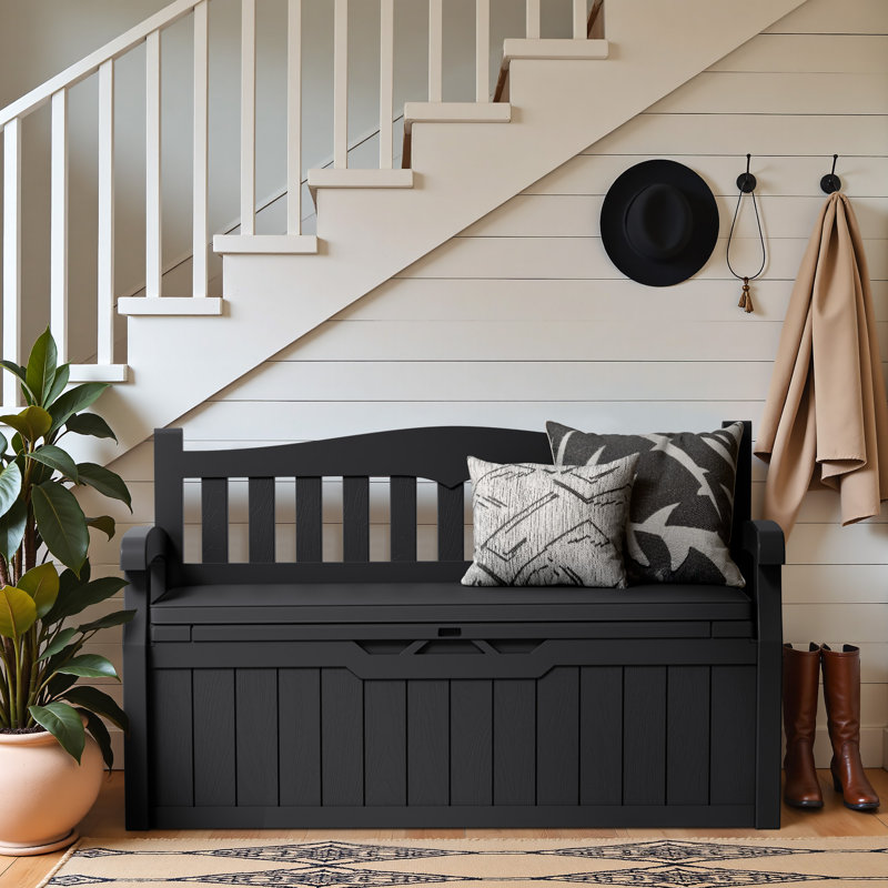 Plastic Storage Bench With Removable Cushion, Backrest & Armrests, Lockable Lid For All-Weather Indoor Outdoor Use On Patio, Garage, Entryway