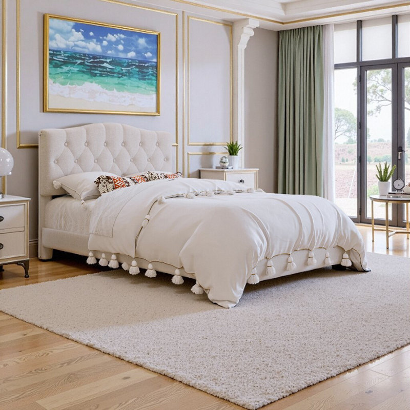 Linen Upholstered Full Platform Bed - Beige Diamond Tufted Headboard, Wood/Metal Support, Adjustable Headboard, No Box Spring Needed