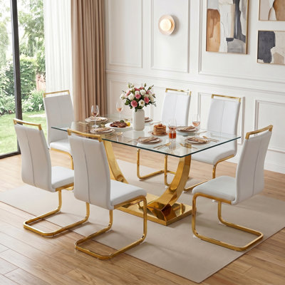 7-Piece Modern Rectangular Glass Top Dining Set with Pedestal Base and Faux Leather Cantilever Chairs