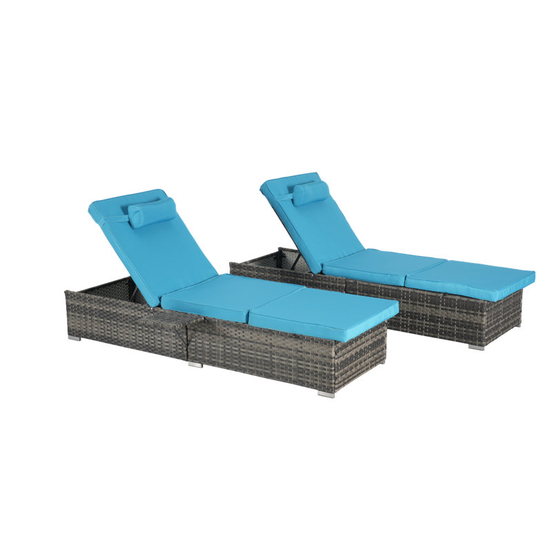 Outdoor Chaise Lounge Chair Set Of 2 With Storage Patio Pool Lounge Chairs Outdoor Lounger Beach Rattan Recliners, Light Blue
