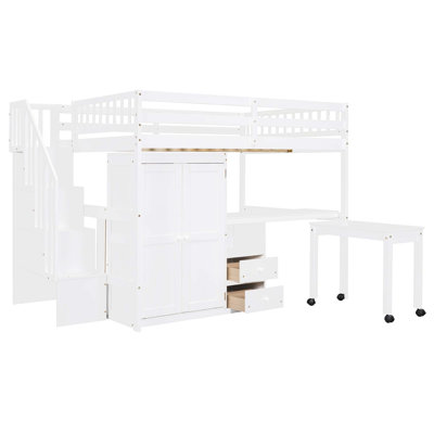 Lit mezzanine avec escalier, bibliothèque, tiroirs, bureau et garde-robe