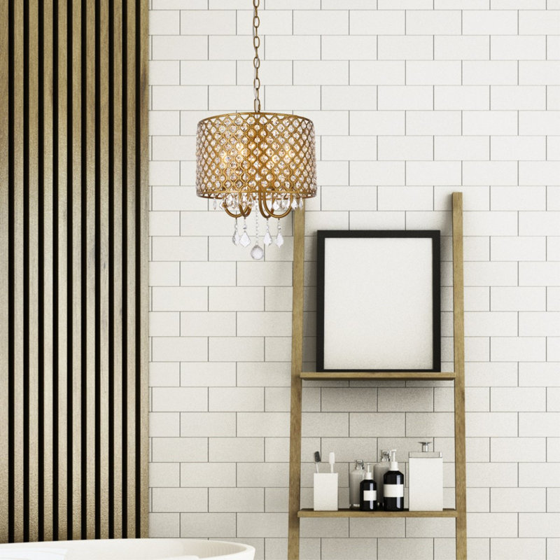 Dusin 4-Light Dimmable Crystal Drum Chandelier, Brass, Brass/Clear, 15" H x 17" W x 17" D