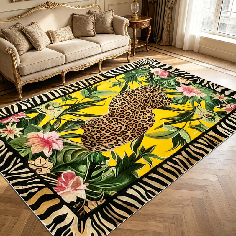 1PC Tropical Leopard Floral Zebra Fringe area rugs for Living Room, Soft and Comfortable, Suitable for all seasons, easy-to-maintain, machine washable Indoor floor mat, Under Table Farmhouse suitable for dining table, bedroom, entryway,