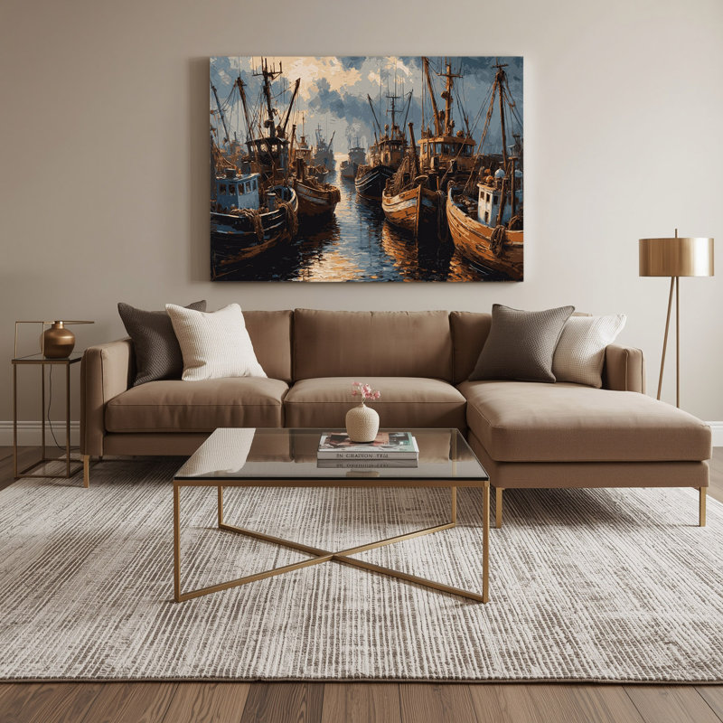 Transport, bateaux de pêche et chalutiers, art mural sur toile brune, H 24 po x l 36 po